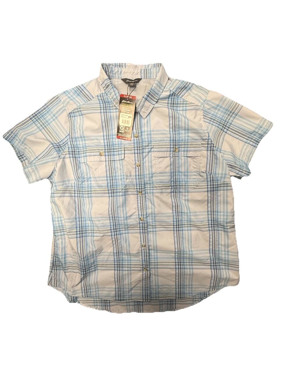 Eddie Bauer Adventure Shirt XL NWT Plaid Short Sleeve Button Up UPF 50 Blue